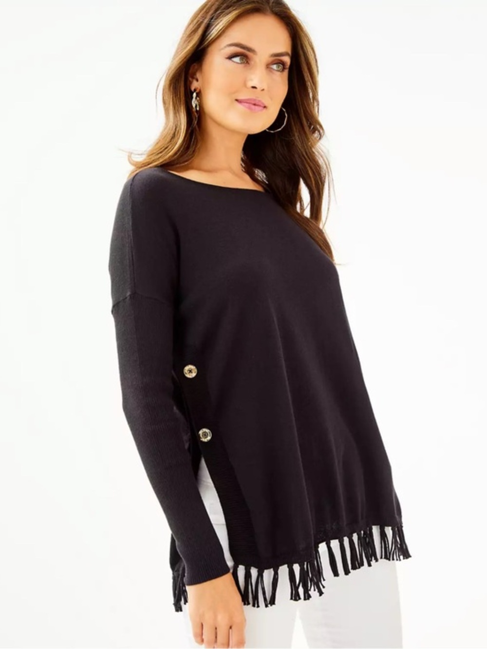 Lilly Pulitzer Ramona Fringe Hem Black Sweater Tunic Gold Buttons S Resort Chic
